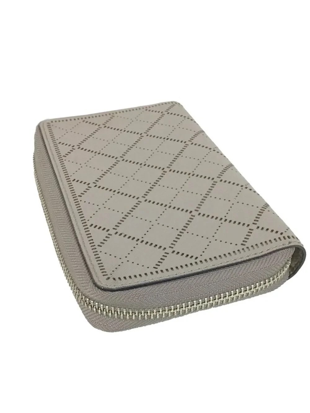Tory Burch Taupe Beige Diamond Laser-Cut Zip-Around Leather Wristlet Wallet
